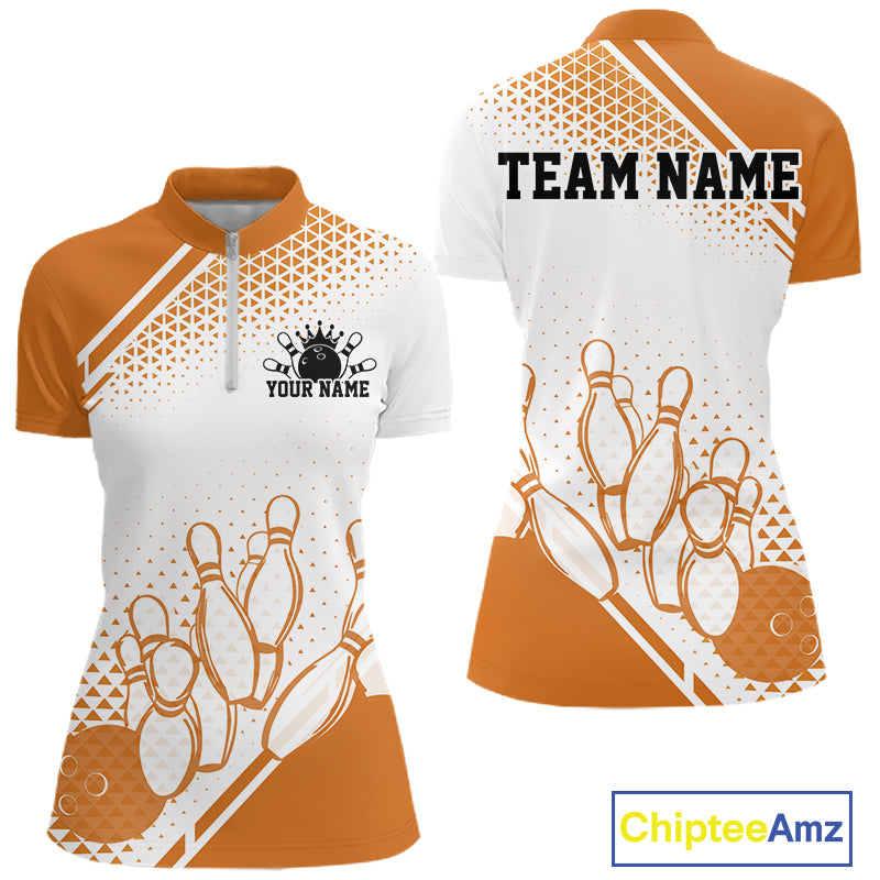 Custom White And Orange Geometric Classic Retro Bowling Team Women Quarter-Zip Shirt IPHW12061