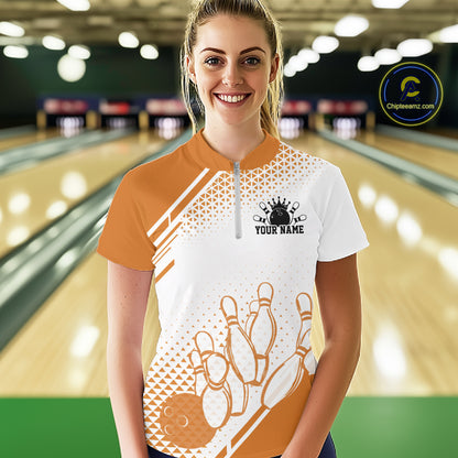 Custom White And Orange Geometric Classic Retro Bowling Team Women Quarter-Zip Shirt IPHW12061