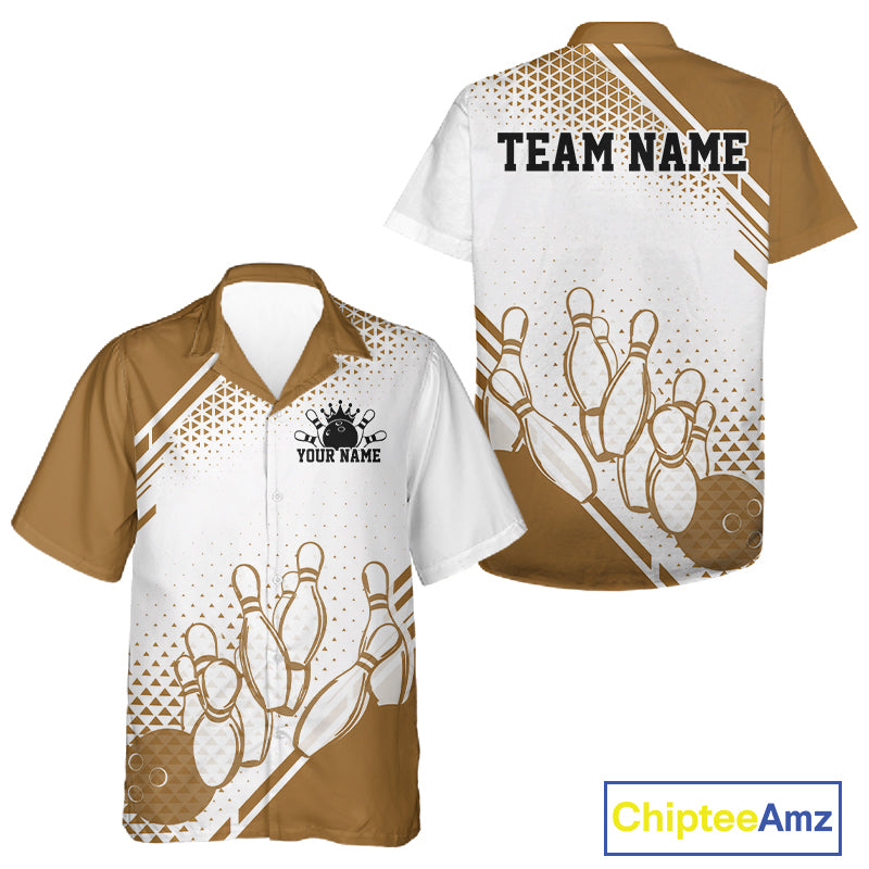 Custom White And Brown Geometric Classic Retro Bowling Team Men And Women Button Up Shirt IPHW12062