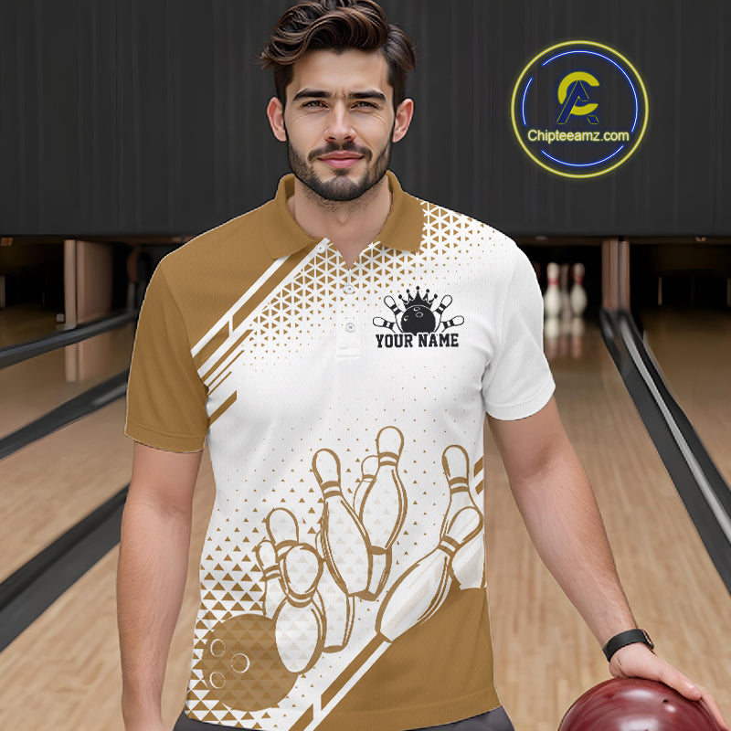 Custom White And Brown Geometric Classic Retro Bowling Team Men Polo Shirt IPHW12062