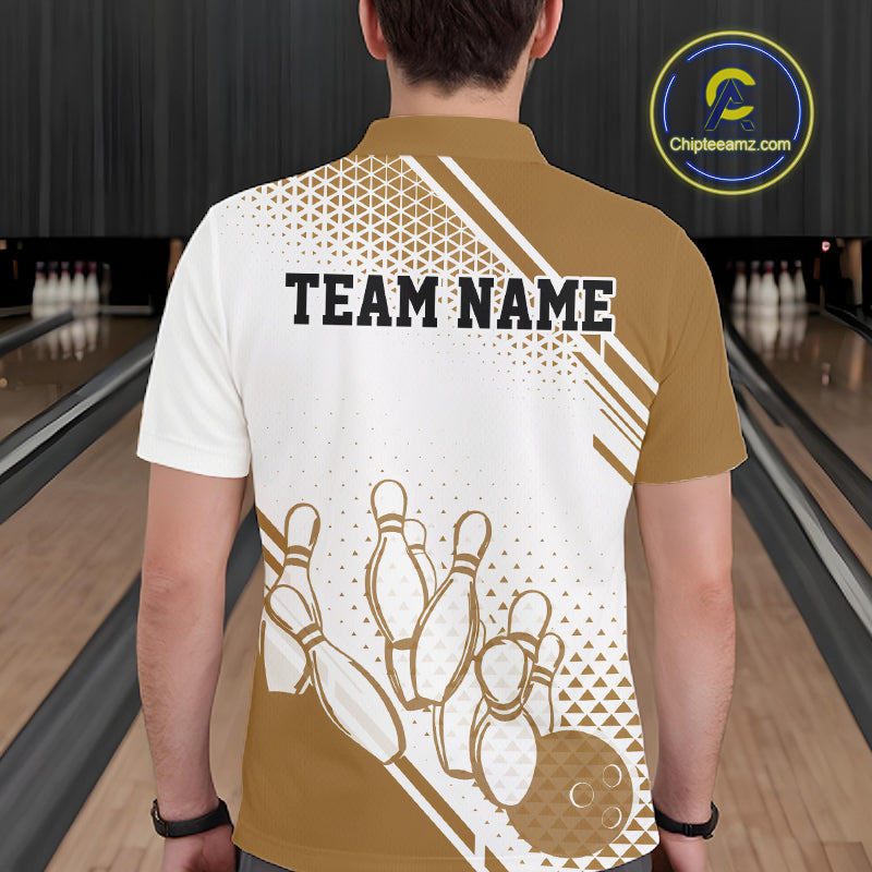 Custom White And Brown Geometric Classic Retro Bowling Team Men Polo Shirt IPHW12062