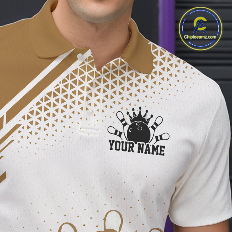 Custom White And Brown Geometric Classic Retro Bowling Team Men Polo Shirt IPHW12062