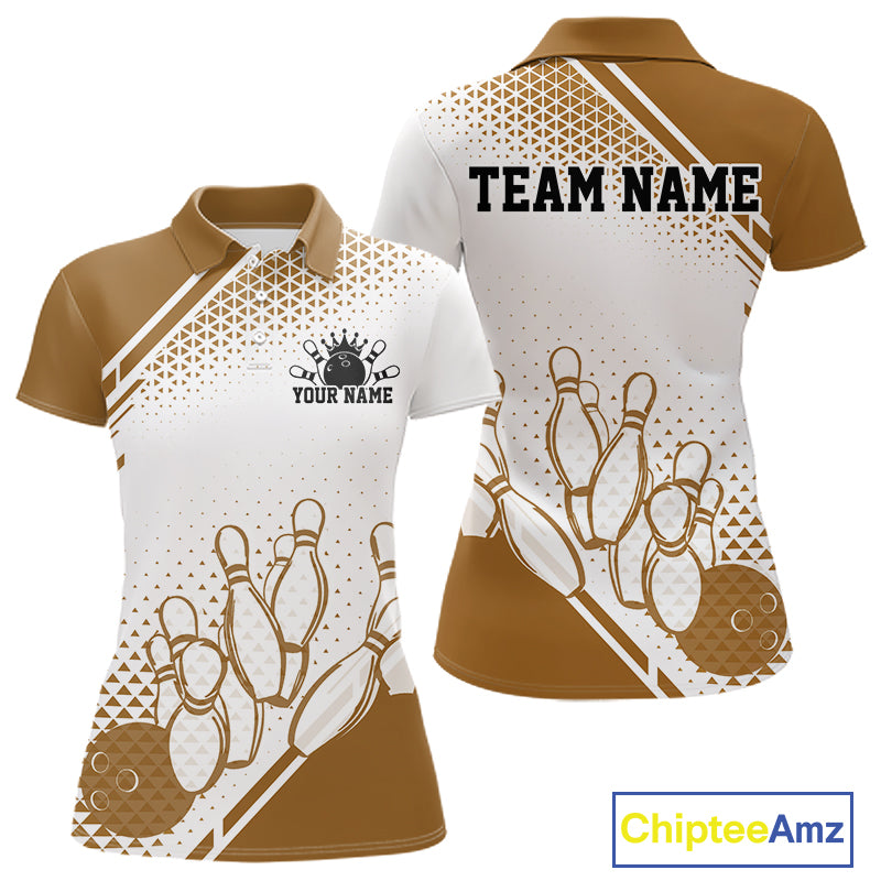 Custom White And Brown Geometric Classic Retro Bowling Team Women Polo Shirt IPHW12062