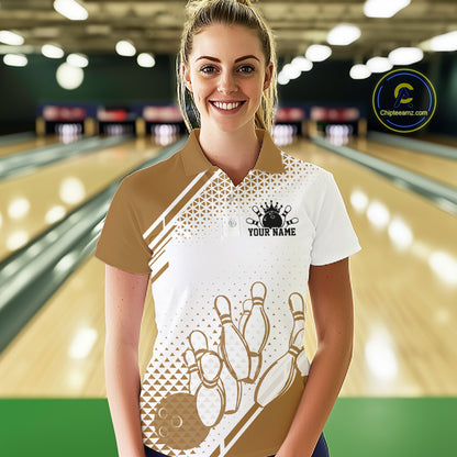 Custom White And Brown Geometric Classic Retro Bowling Team Women Polo Shirt IPHW12062