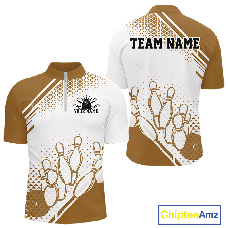 Custom White And Brown Geometric Classic Retro Bowling Team Men Quarter Zip Shirt IPHW12062