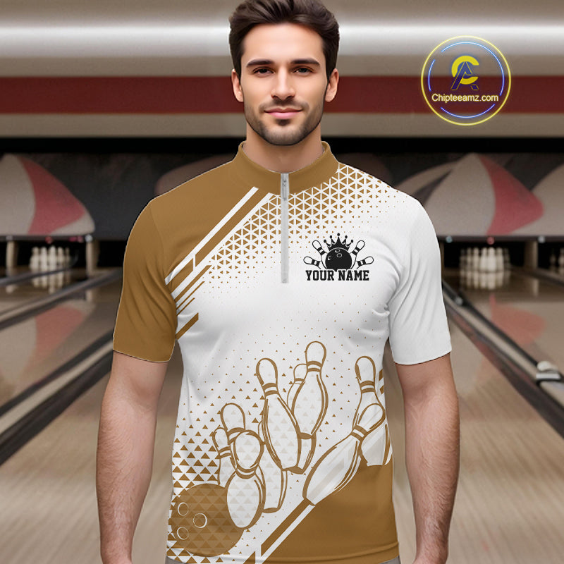 Custom White And Brown Geometric Classic Retro Bowling Team Men Quarter Zip Shirt IPHW12062