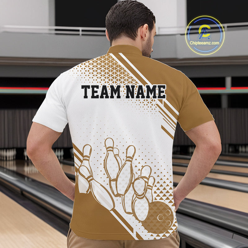 Custom White And Brown Geometric Classic Retro Bowling Team Men Quarter Zip Shirt IPHW12062