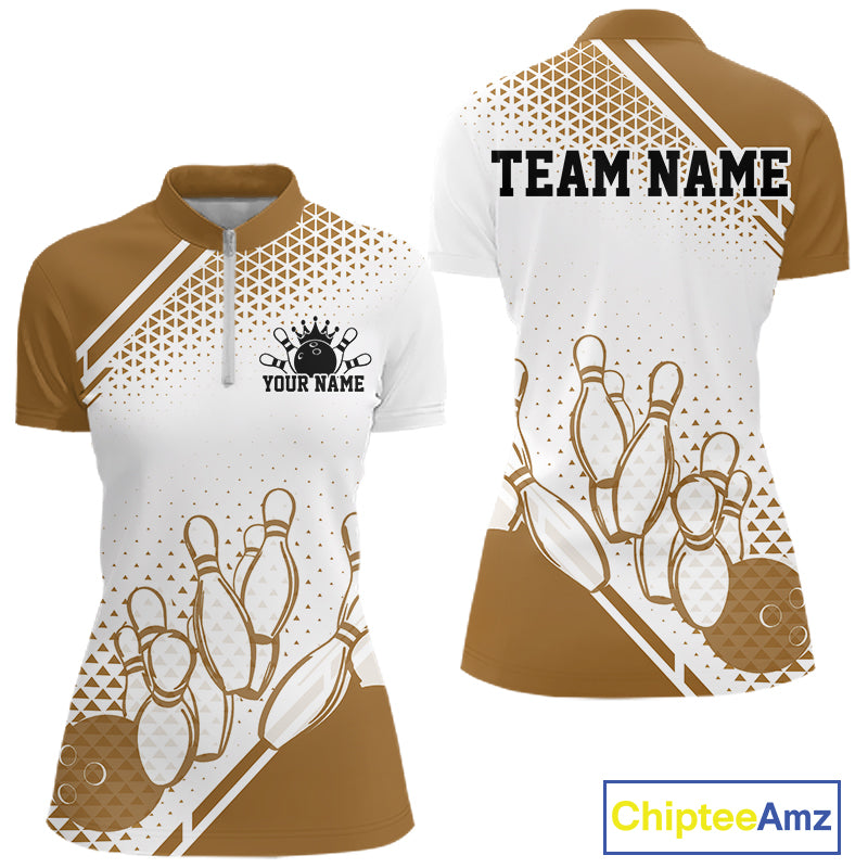 Custom White And Brown Geometric Classic Retro Bowling Team Women Quarter-Zip Shirt IPHW12062
