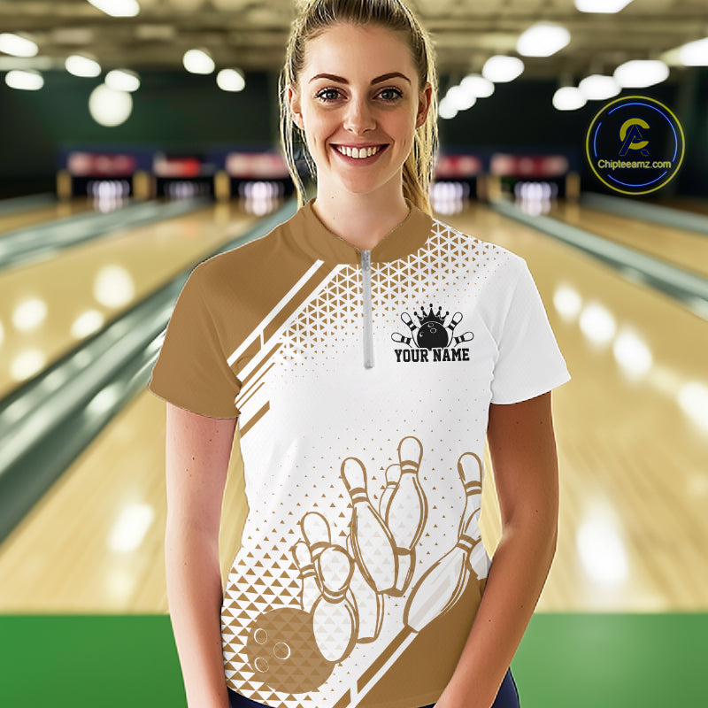 Custom White And Brown Geometric Classic Retro Bowling Team Women Quarter-Zip Shirt IPHW12062