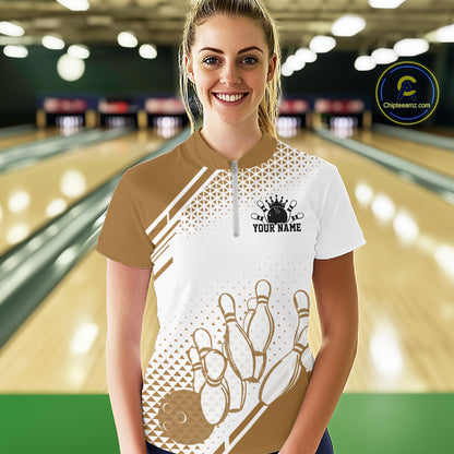 Custom White And Brown Geometric Classic Retro Bowling Team Women Quarter-Zip Shirt IPHW12062