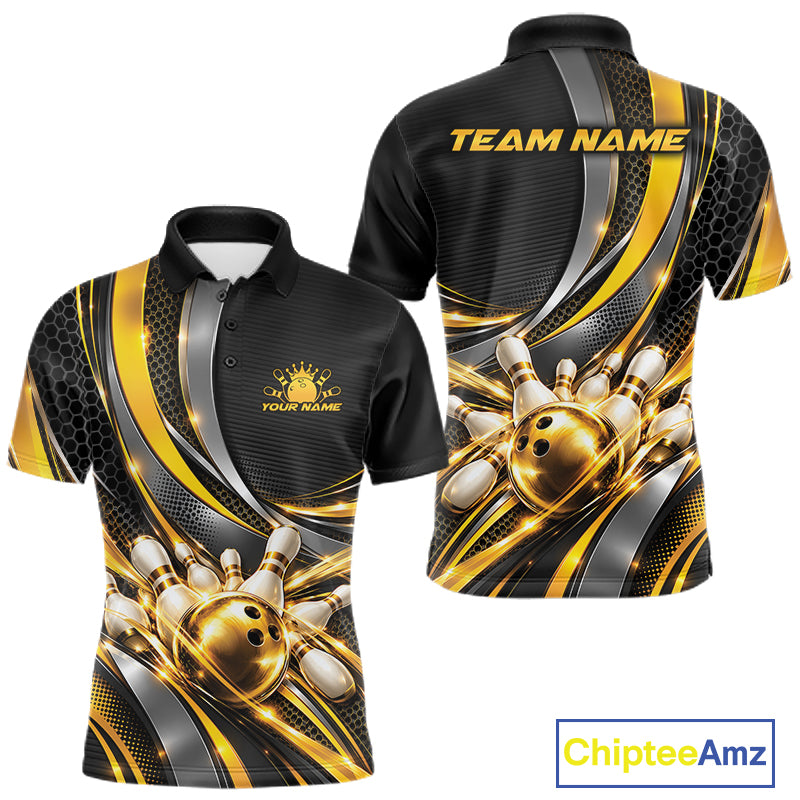 Custom Black And Gold Tournament Team Polo Shirt For Men, Bowling Uniform IPHW12832