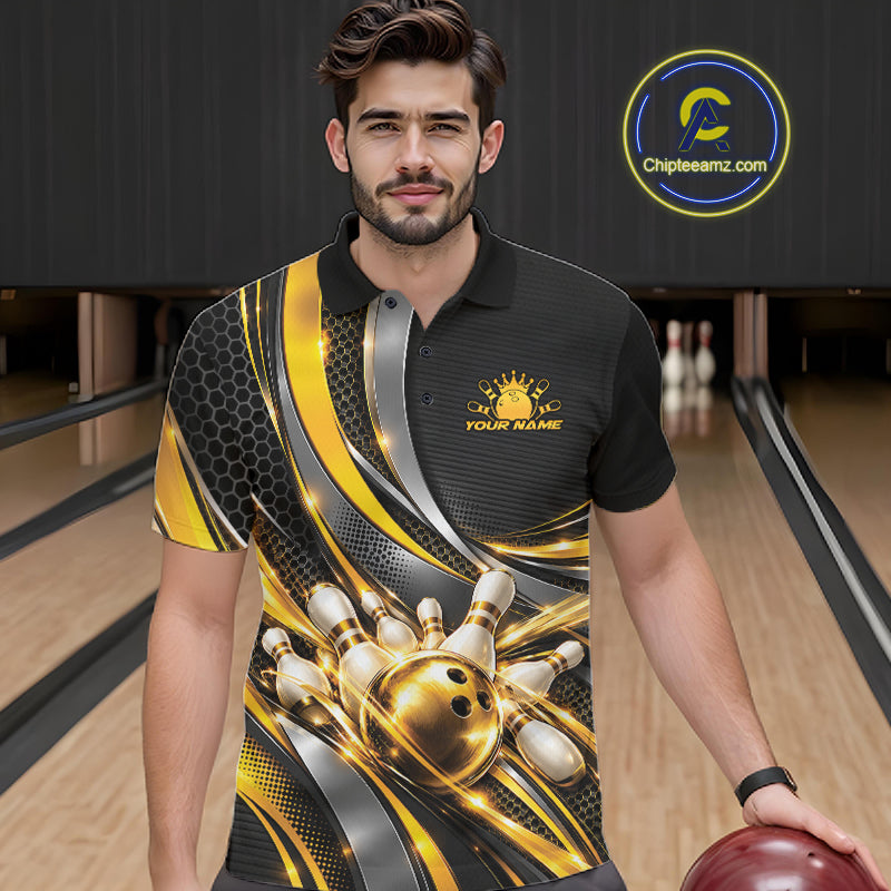 Custom Black And Gold Tournament Team Polo Shirt For Men, Bowling Uniform IPHW12832