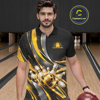 Custom Black And Gold Tournament Team Polo Shirt For Men, Bowling Uniform IPHW12832