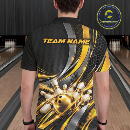 Custom Black And Gold Tournament Team Polo Shirt For Men, Bowling Uniform IPHW12832