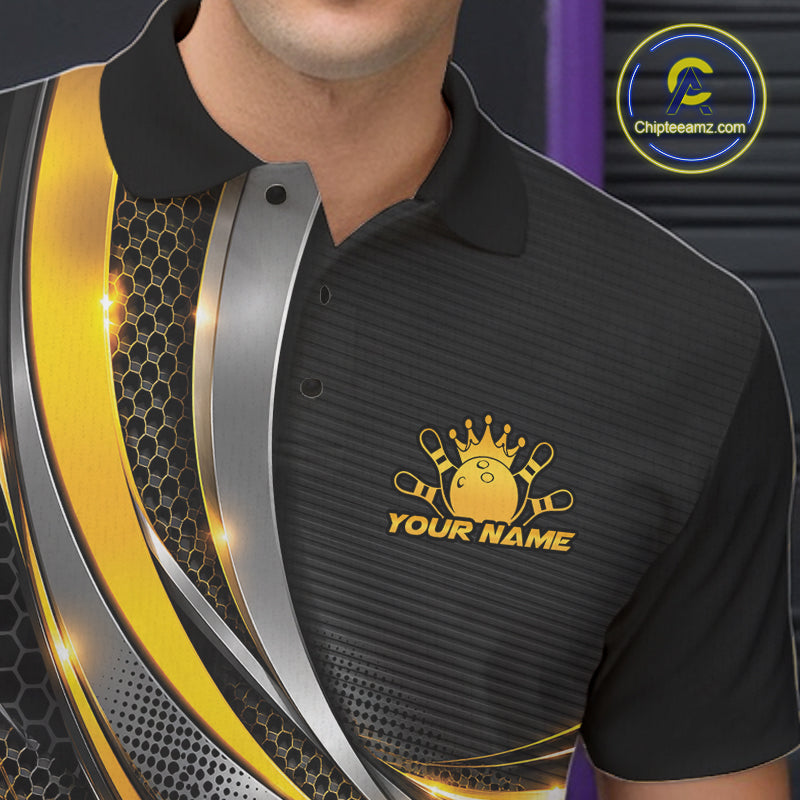 Custom Black And Gold Tournament Team Polo Shirt For Men, Bowling Uniform IPHW12832