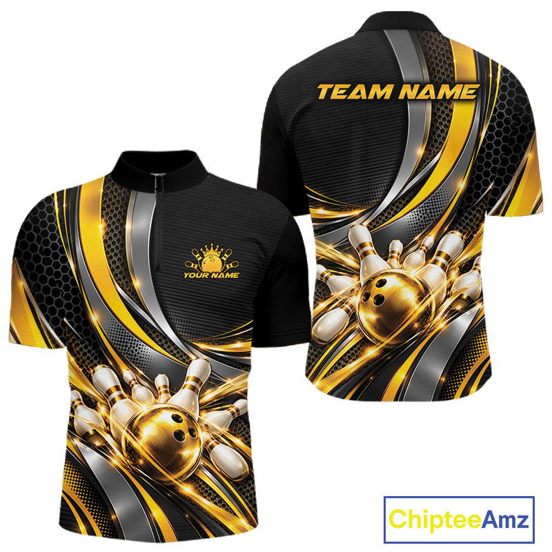 Custom Black And Gold Tournament Team Quarter Zip Shirt For Men, Bowling Uniform IPHW12832