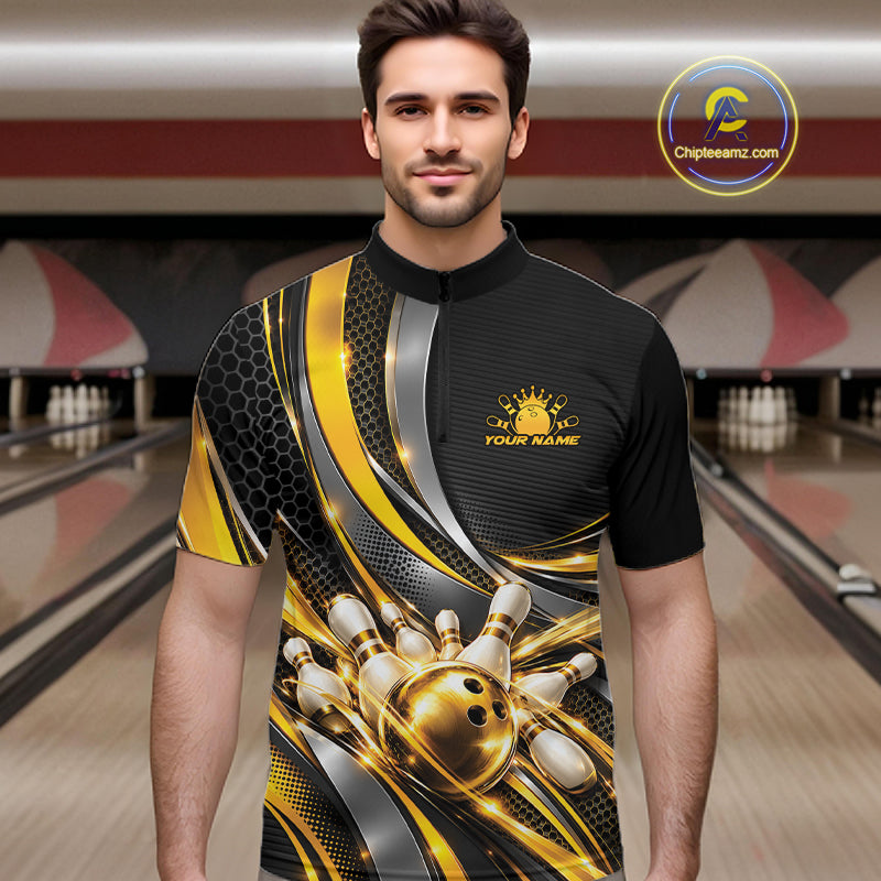 Custom Black And Gold Tournament Team Quarter Zip Shirt For Men, Bowling Uniform IPHW12832