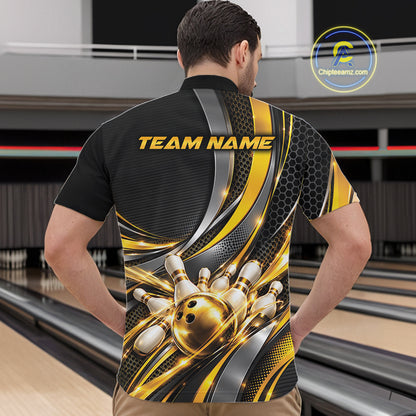 Custom Black And Gold Tournament Team Quarter Zip Shirt For Men, Bowling Uniform IPHW12832