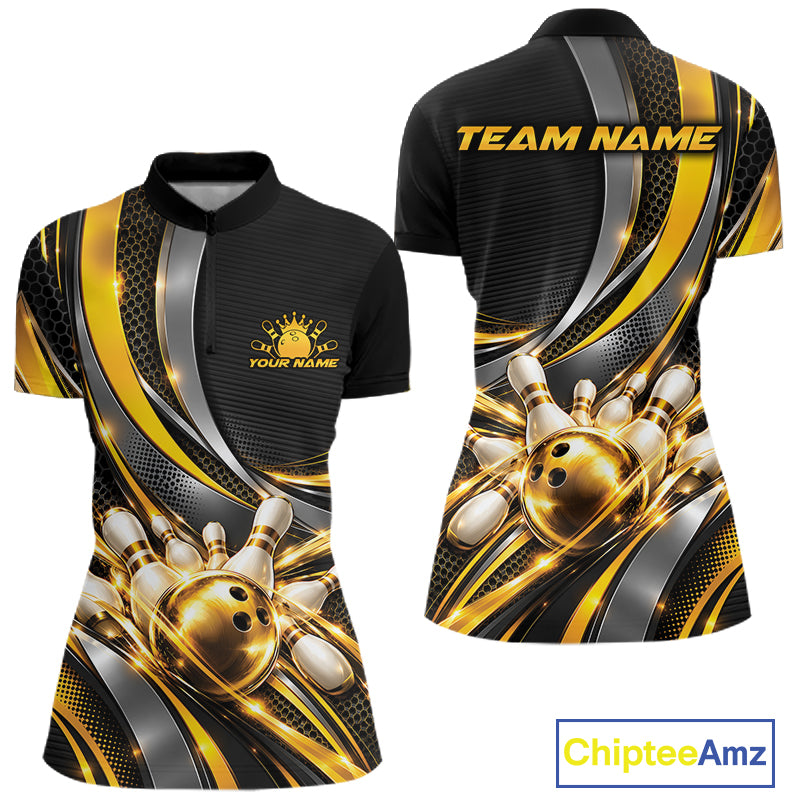 Custom Black And Gold Tournament Team Quarter-Zip Shirt For Women, Bowling Uniform IPHW12832