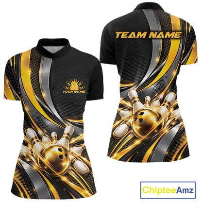 Custom Black And Gold Tournament Team Quarter-Zip Shirt For Women, Bowling Uniform IPHW12832