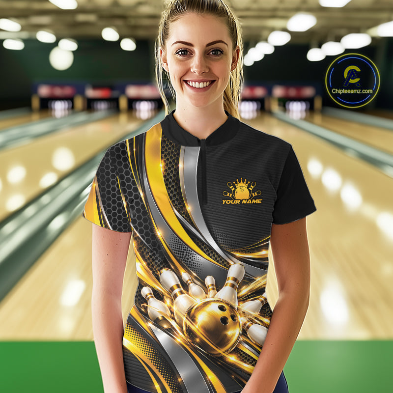 Custom Black And Gold Tournament Team Quarter-Zip Shirt For Women, Bowling Uniform IPHW12832
