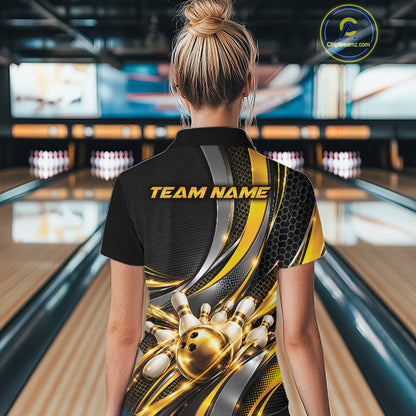 Custom Black And Gold Tournament Team Quarter-Zip Shirt For Women, Bowling Uniform IPHW12832