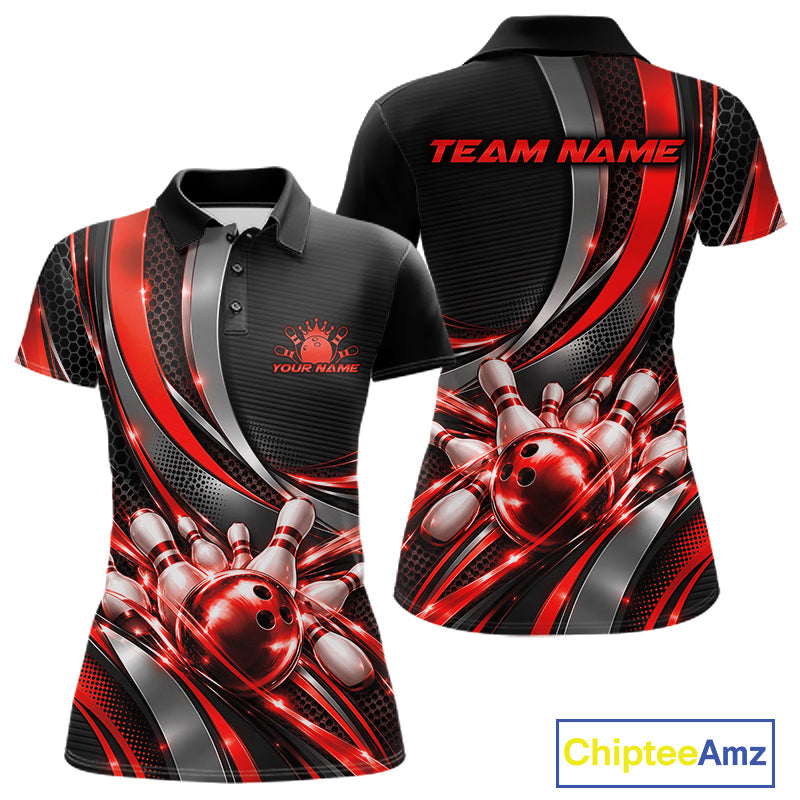 Custom Black And Red Tournament Team Polo Shirt For Women, Bowling Uniform IPHW12833