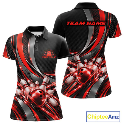 Custom Black And Red Tournament Team Polo Shirt For Women, Bowling Uniform IPHW12833