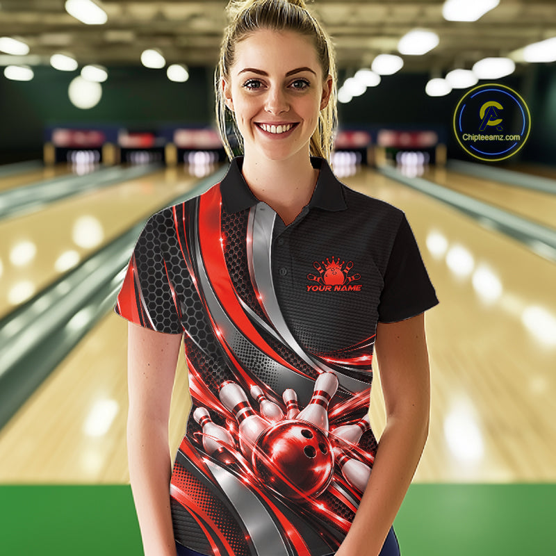 Custom Black And Red Tournament Team Polo Shirt For Women, Bowling Uniform IPHW12833