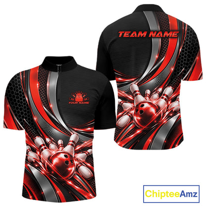 Custom Black And Red Tournament Team Quarter Zip Shirt For Men, Bowling Uniform IPHW12833