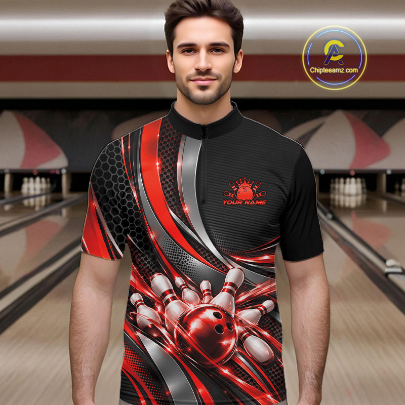 Custom Black And Red Tournament Team Quarter Zip Shirt For Men, Bowling Uniform IPHW12833