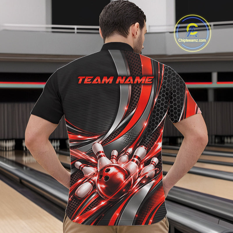 Custom Black And Red Tournament Team Quarter Zip Shirt For Men, Bowling Uniform IPHW12833