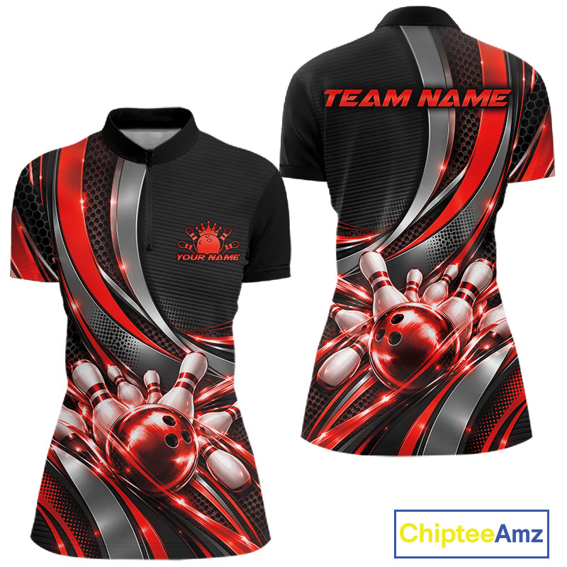 Custom Black And Red Tournament Team Quarter-Zip Shirt For Women, Bowling Uniform IPHW12833