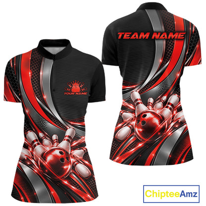 Custom Black And Red Tournament Team Quarter-Zip Shirt For Women, Bowling Uniform IPHW12833