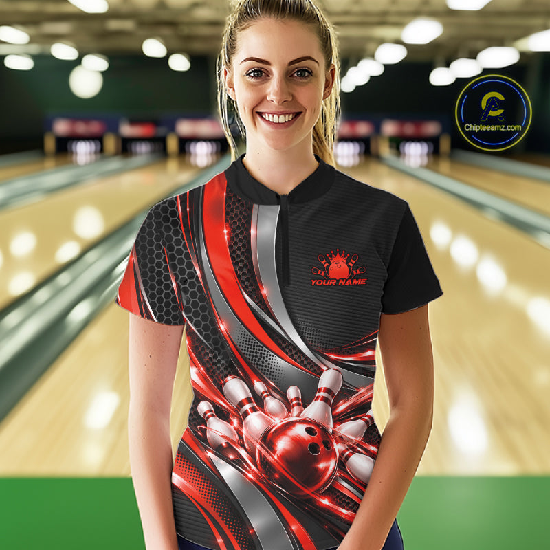 Custom Black And Red Tournament Team Quarter-Zip Shirt For Women, Bowling Uniform IPHW12833