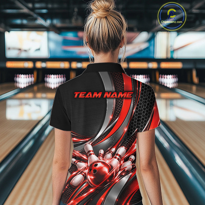 Custom Black And Red Tournament Team Quarter-Zip Shirt For Women, Bowling Uniform IPHW12833