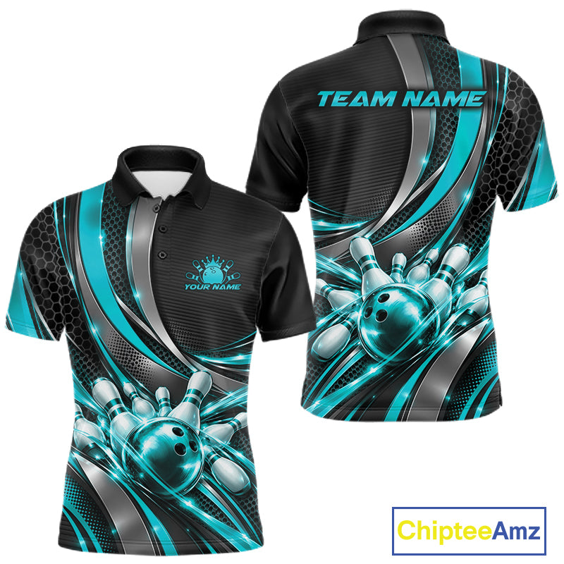 Custom Black And Turquoise Tournament Team Polo Shirt For Men, Bowling Uniform IPHW12834