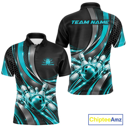 Custom Black And Turquoise Tournament Team Polo Shirt For Men, Bowling Uniform IPHW12834