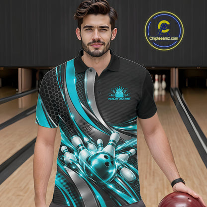 Custom Black And Turquoise Tournament Team Polo Shirt For Men, Bowling Uniform IPHW12834