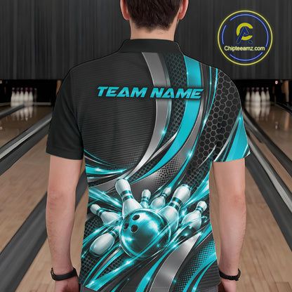 Custom Black And Turquoise Tournament Team Polo Shirt For Men, Bowling Uniform IPHW12834