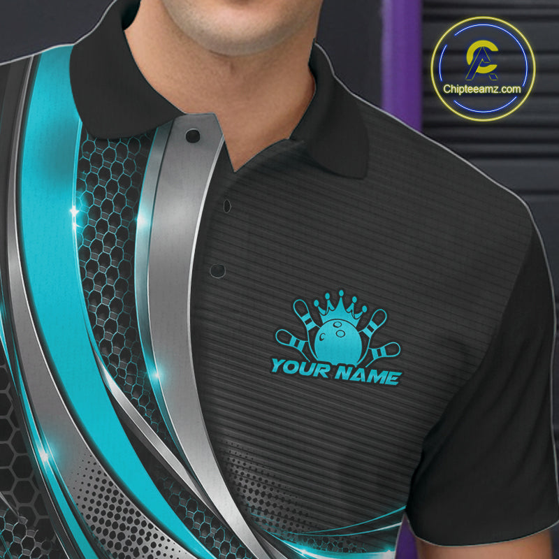 Custom Black And Turquoise Tournament Team Polo Shirt For Men, Bowling Uniform IPHW12834