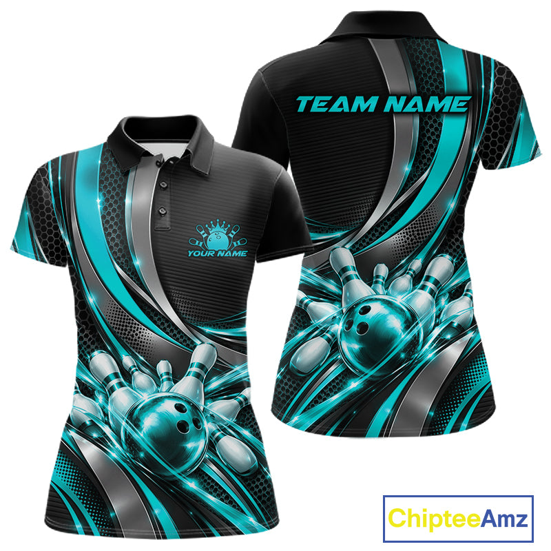 Custom Black And Turquoise Tournament Team Polo Shirt For Women, Bowling Uniform IPHW12834