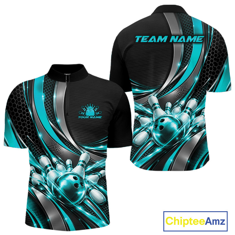 Custom Black And Turquoise Tournament Team Quarter Zip Shirt For Men, Bowling Uniform IPHW12834