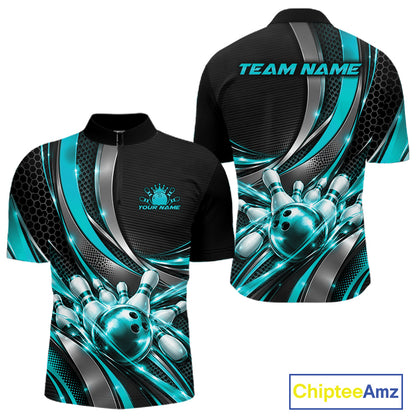 Custom Black And Turquoise Tournament Team Quarter Zip Shirt For Men, Bowling Uniform IPHW12834