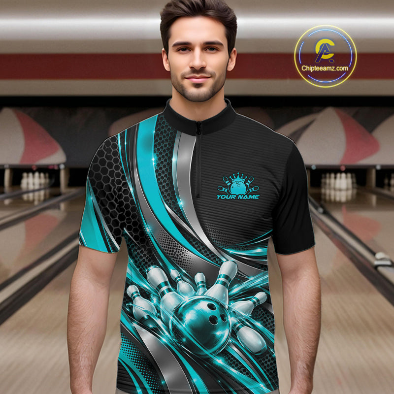 Custom Black And Turquoise Tournament Team Quarter Zip Shirt For Men, Bowling Uniform IPHW12834