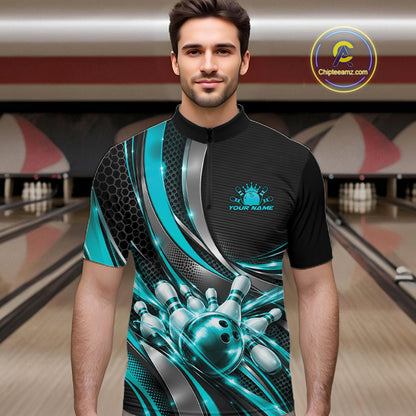 Custom Black And Turquoise Tournament Team Quarter Zip Shirt For Men, Bowling Uniform IPHW12834