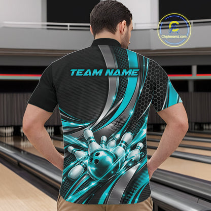 Custom Black And Turquoise Tournament Team Quarter Zip Shirt For Men, Bowling Uniform IPHW12834