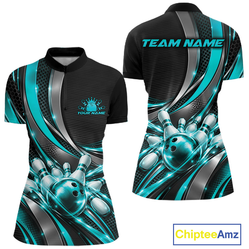 Custom Black And Turquoise Tournament Team Quarter-Zip Shirt For Women, Bowling Uniform IPHW12834