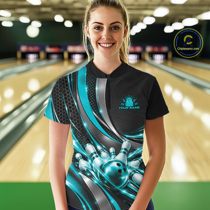 Custom Black And Turquoise Tournament Team Quarter-Zip Shirt For Women, Bowling Uniform IPHW12834