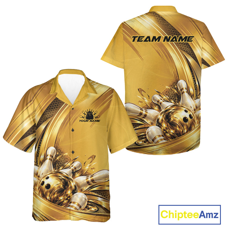 Custom Golden Bowling Ball And Pins Bowling Team League Men And Women Button Up Shirt IPHW12835